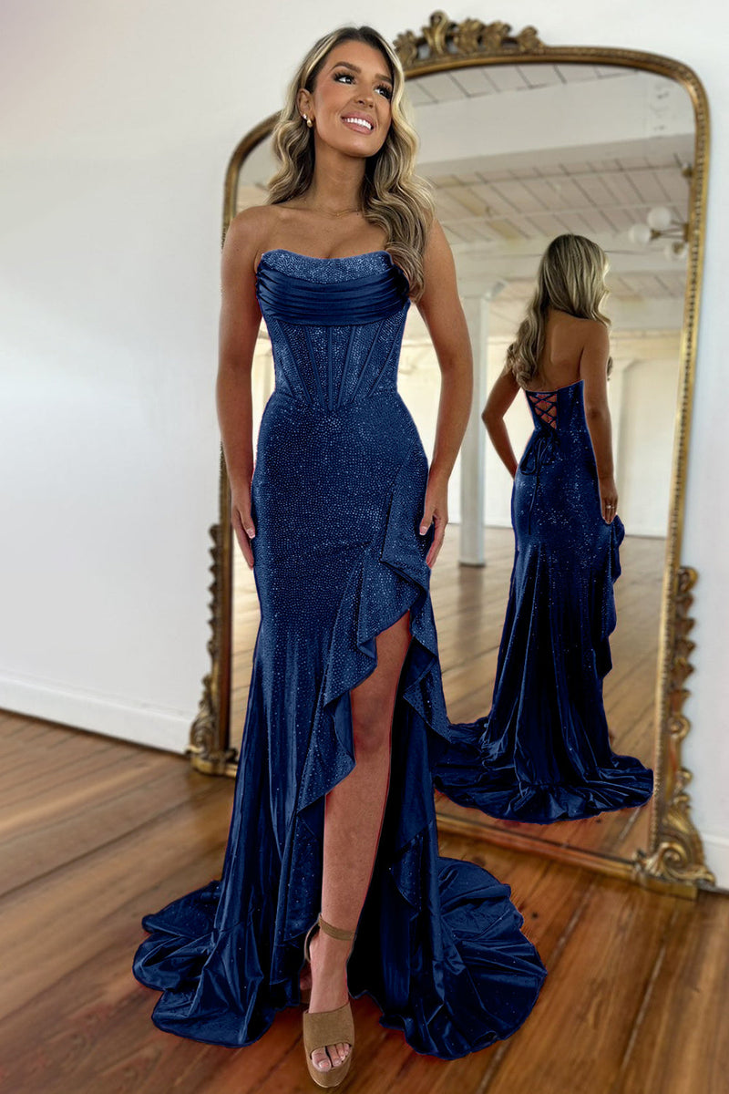 Sparkly Orange Mermaid Prom Dress with Strapless Bodice Lace Up Closure and Beaded Slit