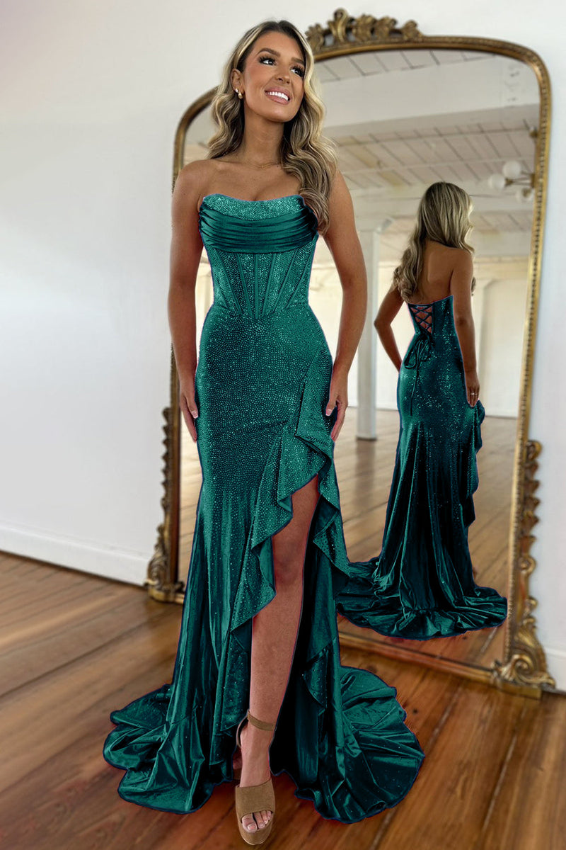 Sparkly Orange Mermaid Prom Dress with Strapless Bodice Lace Up Closure and Beaded Slit