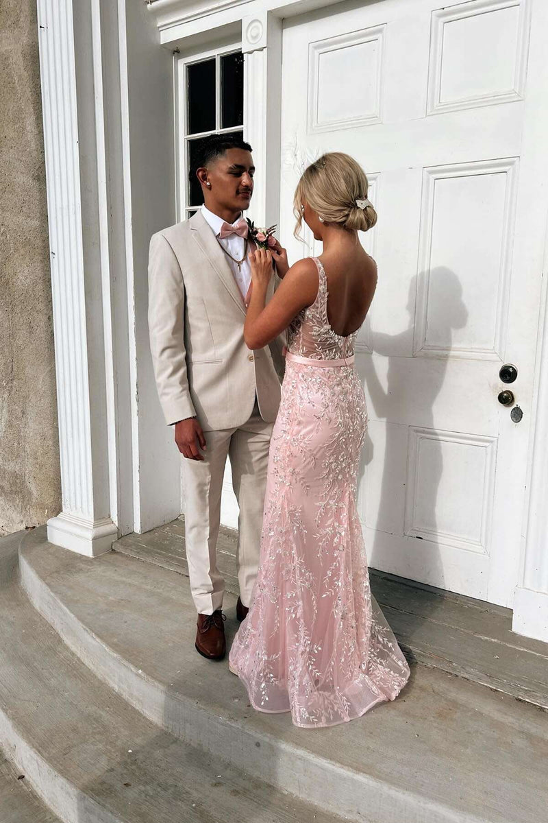 Square Neck Pink Appliques Tulle Fitted Prom Dress