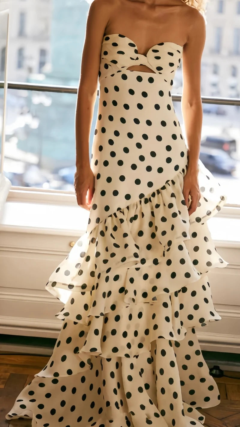 Strapless Mermaid Long Prom Dresses Dots Ruffle Sleeveless Party Dress,AST1874