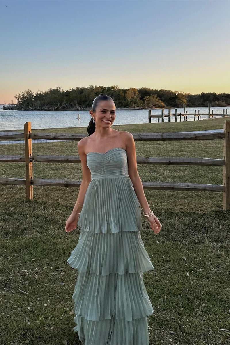 Strapless Pink Chiffon Pleated Tiered Maxi Dress