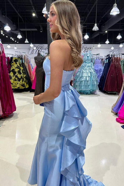 Strapless Satin Ruffles Train Mermaid Sleeveless Prom Dress