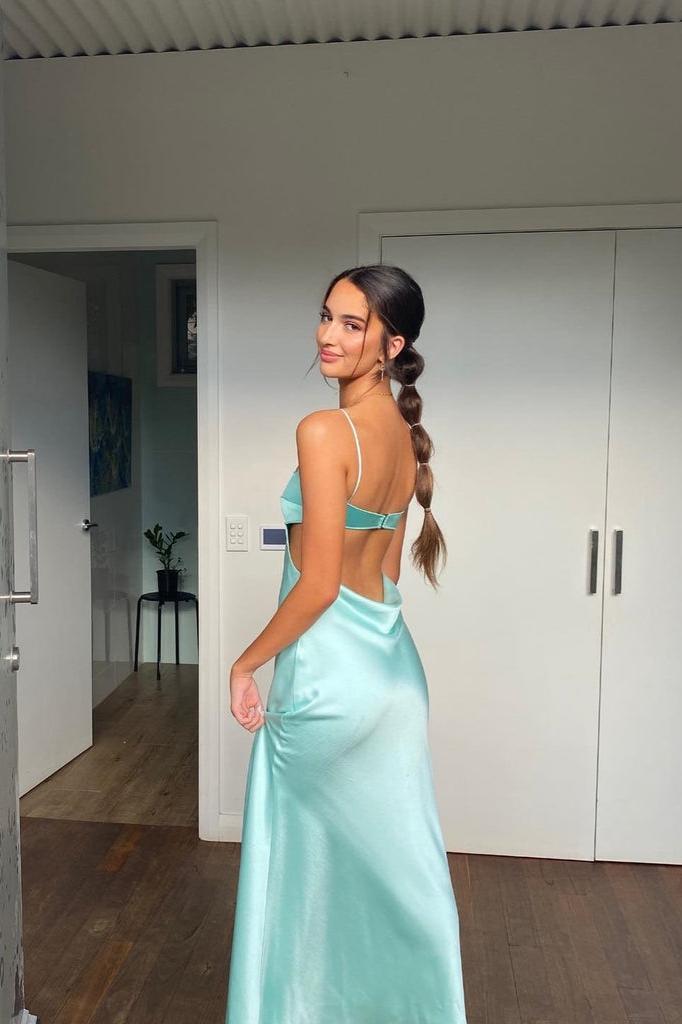 Straps Aqua Cutouts Maxi Dress with Cowl Back