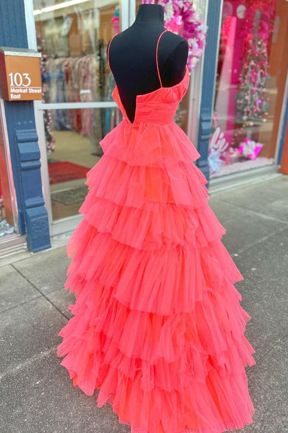 Straps Coral Tulle Tiered Ruffle Formal Gown