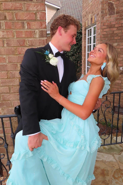 Straps Light Blue Chiffon Ruffles Long Dress