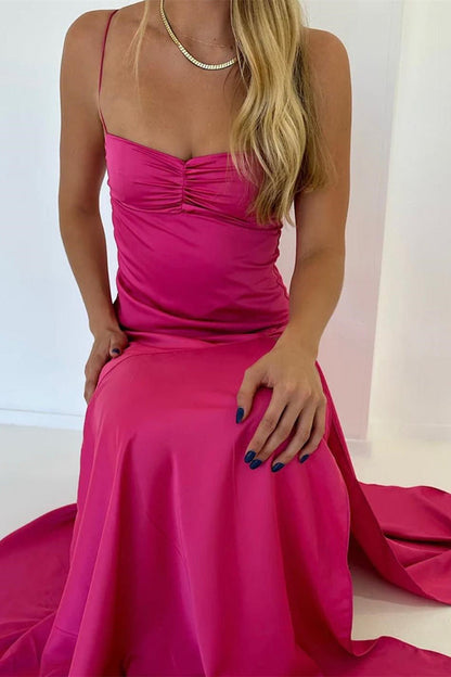 Straps Yellow Silk Long Dress with Slit