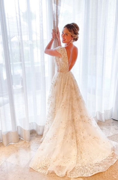 Stylish V-Neck Tulle Applique Long Prom Dress - A-Line Evening Gown