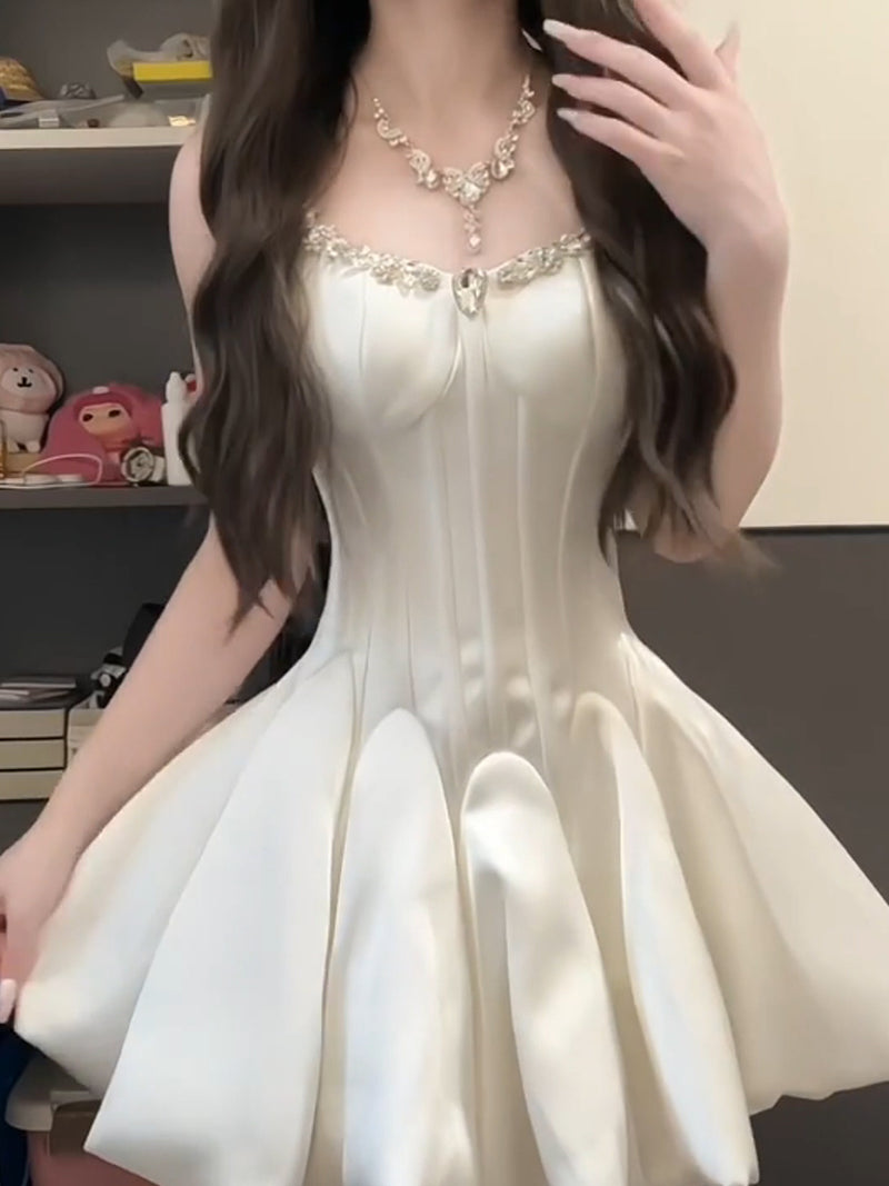 Sweet Ivory Beaded Homecoming Dresses A-line Satin Short Prom Dress, AST2042