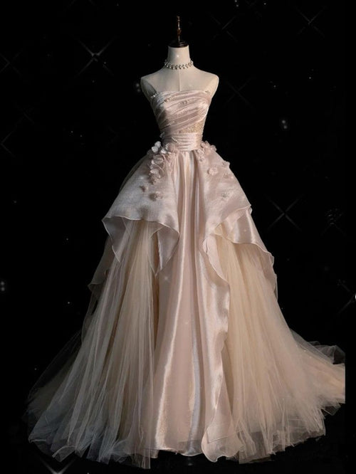 Sweet Pink A-line Tulle Satin Long Prom Dresses Strapless Applique Wedding Dresses