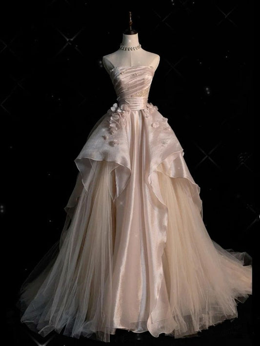 Sweet Pink A-line Tulle Satin Long Prom Dresses Strapless Applique Wedding Dresses