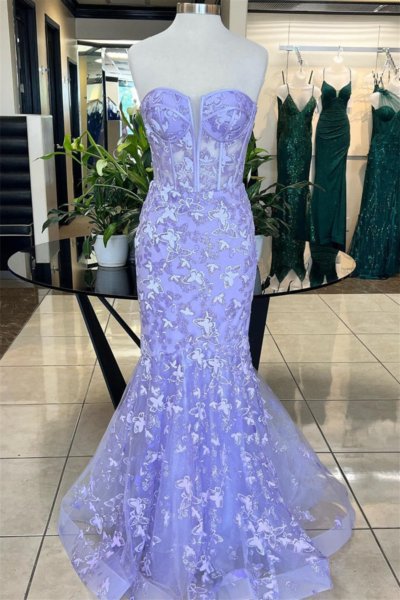 Sweetheart Lavender Butterfly Mermaid Long Formal Dress