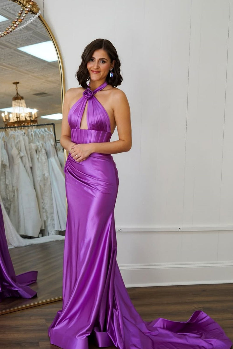 Sweety Mermaid Halter Neck Mint Green Long Prom Dress with Keyhole 3D Flower