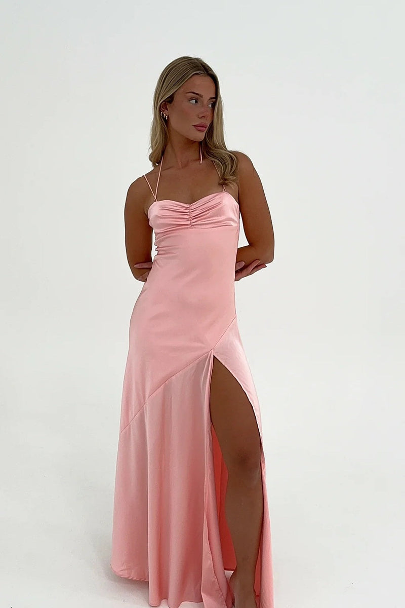 Trendy Sheath Spaghetti Straps Red Long Party Dress with Split Front