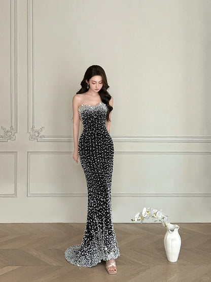 Vintage Black Mermaid Strapless Pearl Velvet Long Prom Dress Evening Dress