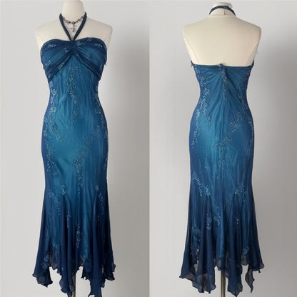 Vintage Blue Chiffon Long Prom Dresses Elegant Beaded Party Dresses Debs Outfits,AST2315