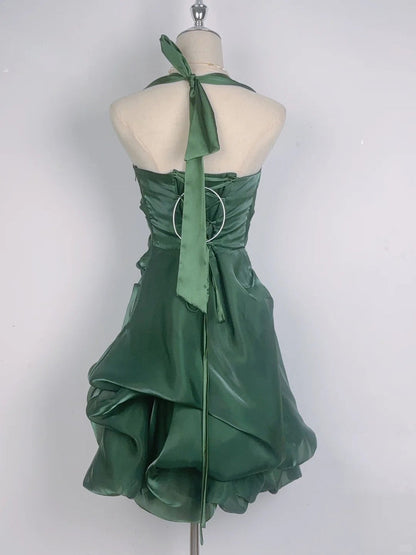 Vintage Dark Green Halter Neck Floral Mini Homecoming Dress
