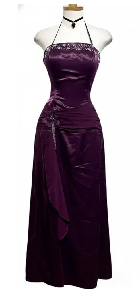 Vintage Purple Beaded Halter A-line Prom Dress, Evening Dress