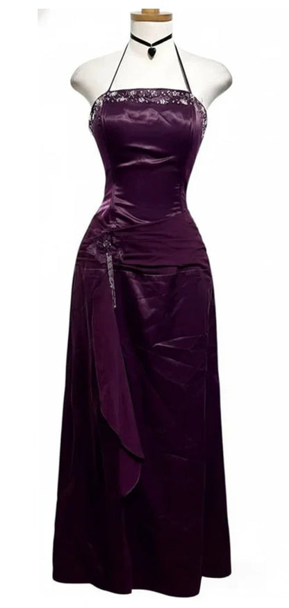 Vintage Purple Beaded Halter A-line Prom Dress, Evening Dress