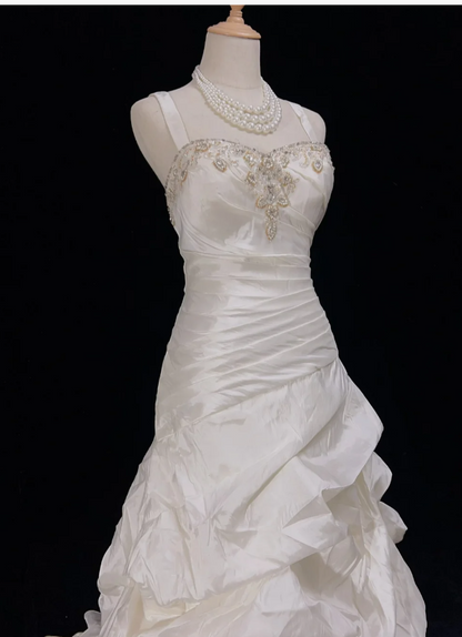 Vintage Sheath Long Wedding Dresses Spaghetti Straps Satin White Bridal Gowns Sleeveless Bridal Dresses