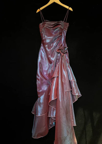 Vintage Spaghetti Straps Asymmetrical Midi Length Party Dress,AST2312