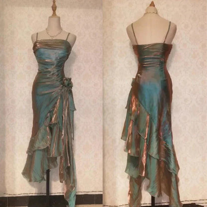 Vintage Spaghetti Straps Asymmetrical Midi Length Party Dress,AST2312