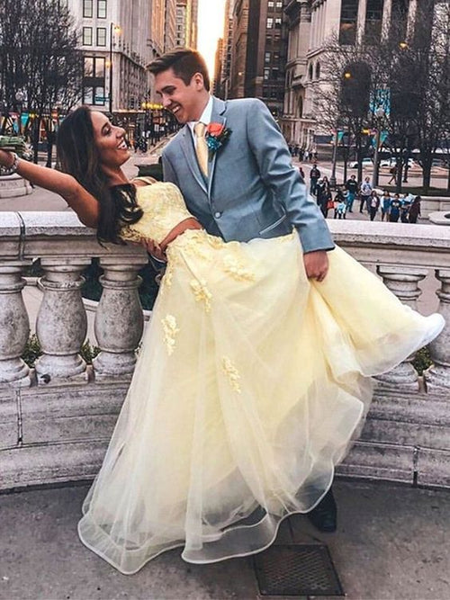 Yellow Two Pieces Lace Long Prom Dresses, Two Pieces Yellow Formal Dresses, Yellow Lace Evening Dresses